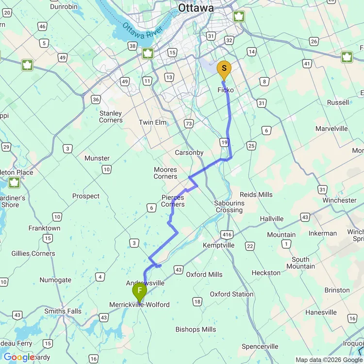 Map of QBC bikepacking to Merrickville