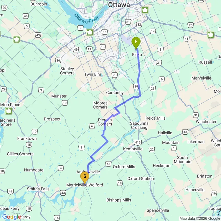 Map of QBC Bikepacking return from Merrickville